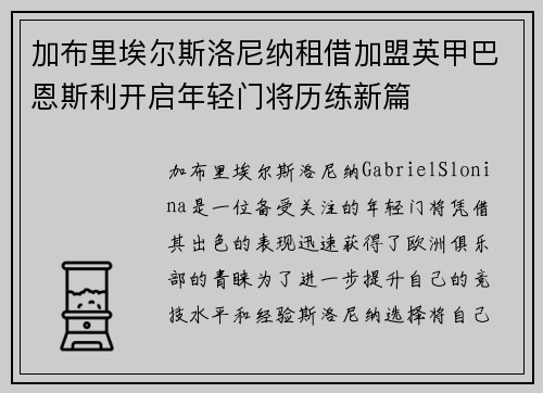 加布里埃尔斯洛尼纳租借加盟英甲巴恩斯利开启年轻门将历练新篇